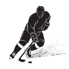 Obraz premium Ice hockey player silhouette in action with puck and ice spray winter sport silhouette illustration athletic