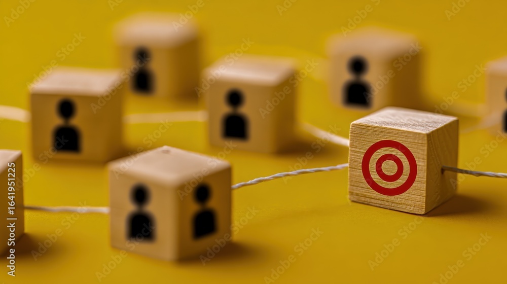 Poster Teamwork and Target Concept: Wooden Blocks with People Icons Connected by a String on Yellow Background