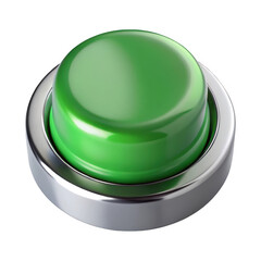 A shiny green dome button with a metallic silver ring surround isolated on transparent background