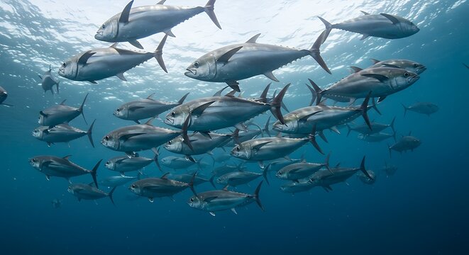 A school of kingfish tuna swimming underwater