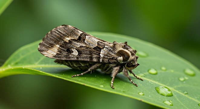 A closeup shot of an uncertain owlet moth on a green leaf