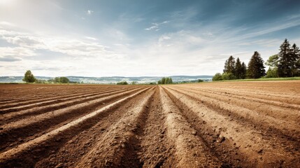 Plowed Field Landscape Under a Sunny Sky: Agriculture and Rural Scene with Fertile Brown Soil