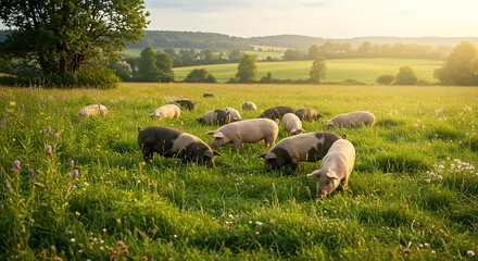 Obraz premium Scenic a herd of pigs grazing in a lush green grassy meadow