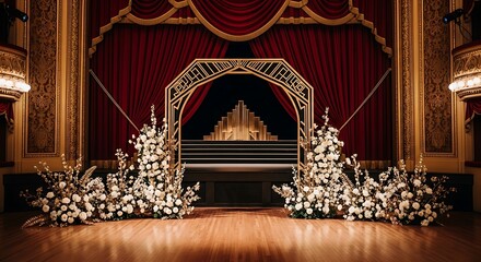 Elegant Wedding Stage Setup with Floral Decorations and Art Deco Arch on Theater Stage