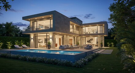 Modern luxury home exterior with illuminated pool and stylish outdoor seating at dusk.
