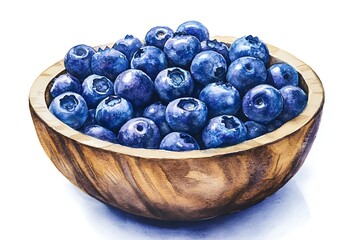 Fresh Blueberries in Rustic Wooden Bowl: Watercolor Painting, Vibrant, Healthy