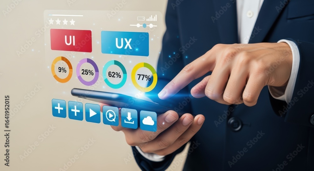 Poster mobile application interface design showcase on smartphone, technology innovation and digital transf