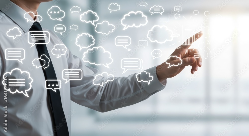 Poster businessman touching virtual interface representing communication and digital interaction with infor