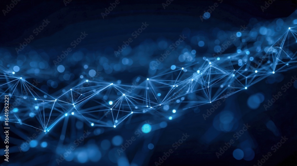 Poster abstract network connection structure with glowing nodes and lines on dark background, representing 