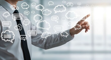 Businessman touching virtual interface representing communication and digital interaction with information cloud in blurred modern office