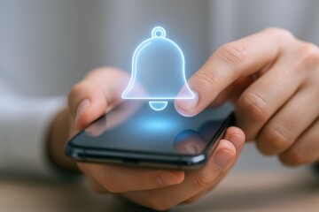 Notification Bell on Smartphone Screen: Hands Activating Alert Icon for Mobile Application Update