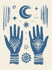 Decorated hands moon stars tribal blue on beige vector illustration