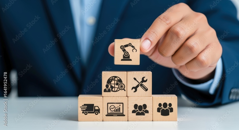 Poster automation technology concept: hand placing block with robot arm on stack representing manufacturing