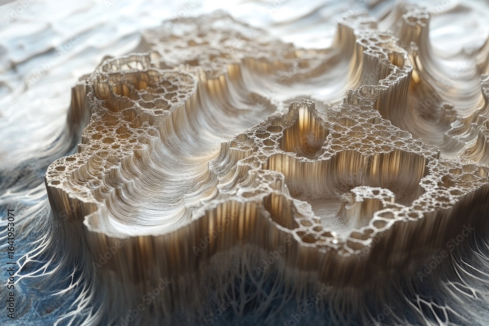 Poster abstract 3d rendering of a beige, textured landscape with intricate patterns and flowing forms.