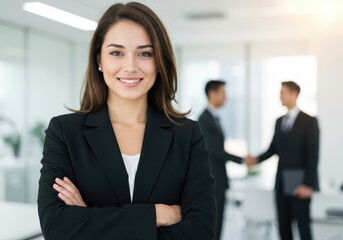 Confident professional woman leading business team in modern office