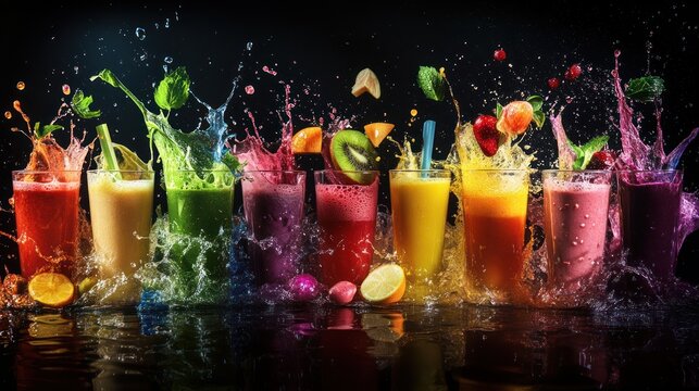 Colorful fruit smoothies splashing, vibrant drinks