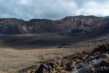 Vast Volcanic Crater Under Cloudy Sky