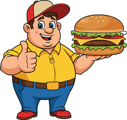 Cartoon Chubby Man Holding Hamburger, Yellow Shirt, Blue Pants, Red Cap, Thumbs-Up, Fast Food Character, PNG, Vector, Restaurant Mascot