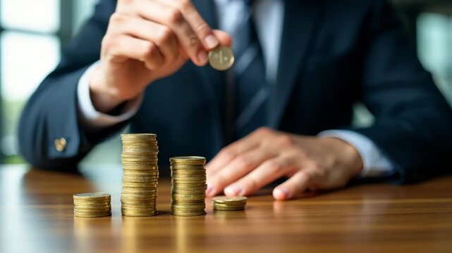 Investor, investment, fund, trader, stock market, businessman stacking coins different height with percentage for interest rating from differ investment, Financial profit return.