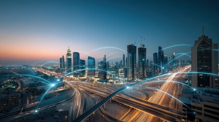 Fototapeta premium Modern Cityscape at Night with Interconnected Network, Representing Global Communication and Futuristic Urban Technology