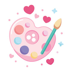 A charming watercolor paint palette shaped like a heart with a paintbrush and scattered hearts and stars perfect for art and creative projects