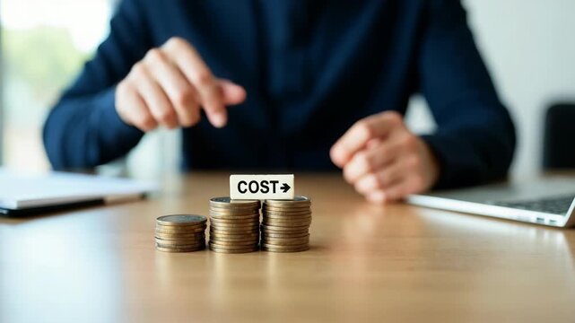 Cost reduction concept. Cost wording on decreasing coins stacking with the down arrow. Businessman working on company cost saving. Cost Management, Economy recession, low budget.