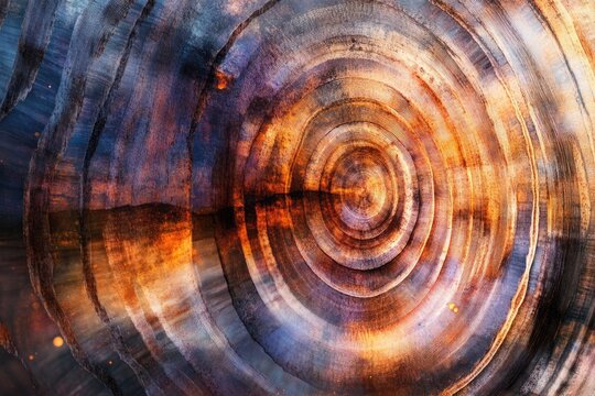 Abstract concentric circles resembling a tree's cross-section, showcasing vibrant warm and cool tones. - Powered by Adobe