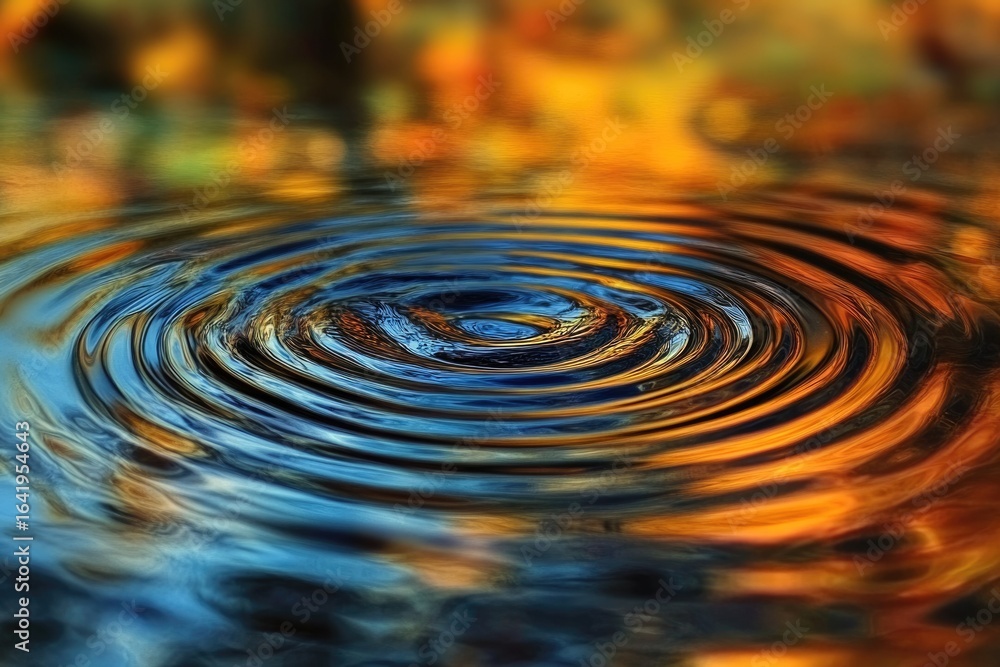 Poster concentric ripples on water reflecting autumnal colors, creating a mesmerizing abstract pattern.