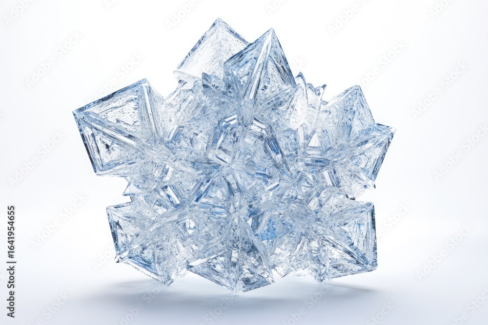 Poster a cluster of translucent, pyramidal ice crystals forms a complex, intricate structure.