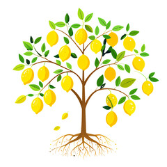 A cartoon lemon tree illustration. Yellow fruits hang amongst green leaves on brown branches. Roots visible