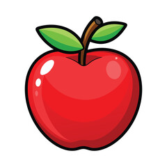 A vibrant juicy red apple with a brown stem and two bright green leaves depicted in a cheerful cartoon illustration style on a clean white background