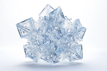 A cluster of translucent, pyramidal ice crystals forms a complex, intricate structure.