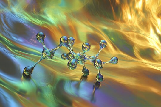 Abstract 3D rendering of a molecule structure on a vibrant, iridescent surface.