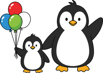 Cartoon Penguins with Balloons, Cute Baby Penguin, Standing Pose, Orange Beaks, Black and White Feathers, Vector PNG, Playful Scene