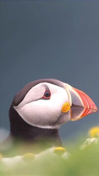 portrait of a puffin moving its head