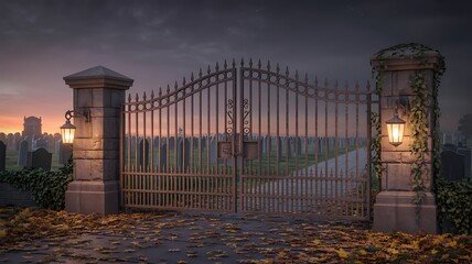 Ornate wrought iron cemetery gates at dusk with lanterns and fallen leaves