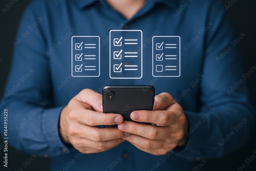 Poster man holding smartphone with digital checklist icons, representing task management and productivity