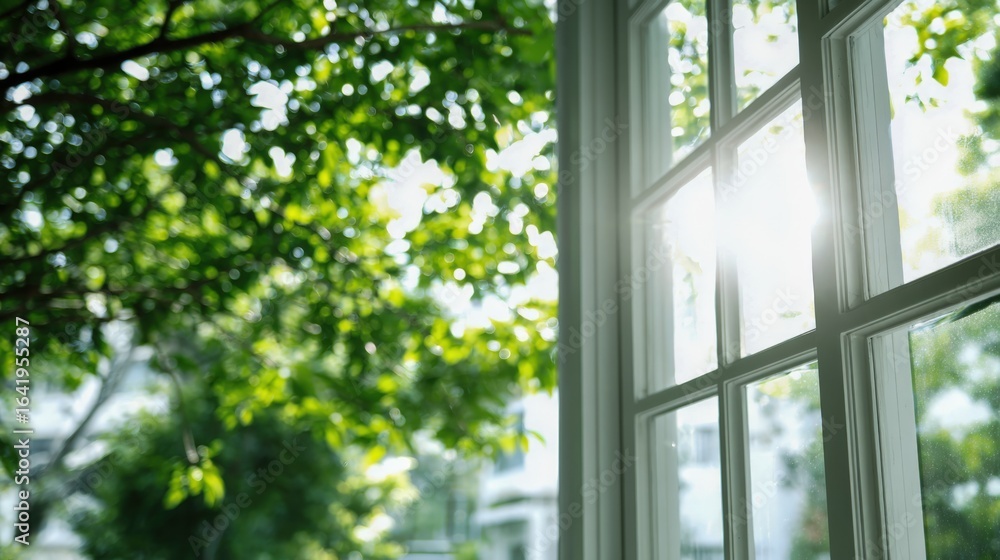 Poster sunlight streaming through window overlooking lush green trees, creating a bright and inviting indoo