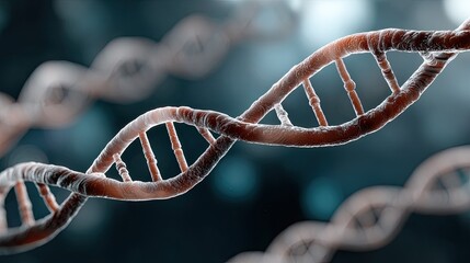 Stunning DNA double helix visualization with depth blur on a dark blue background, showcasing molecular complexity