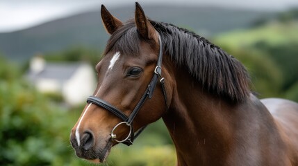 Brown horse gazes serenely in a vibrant green landscape, with distant mountains and soft lighting enhancing the tranquil atmosphere
