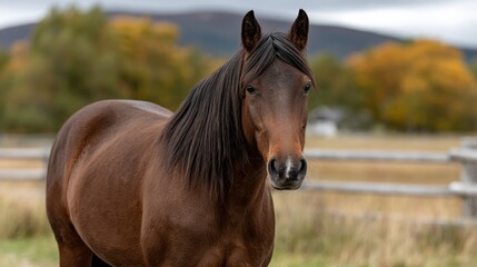 Brown horse gazes serenely in a vibrant green landscape, with distant mountains and soft lighting enhancing the tranquil atmosphere