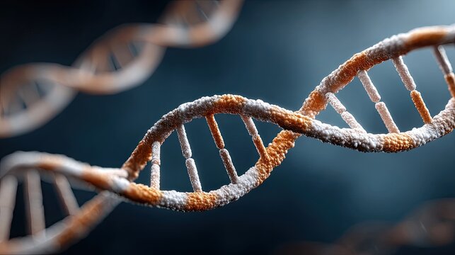 Stunning DNA double helix visualization with depth blur on a dark blue background, showcasing molecular complexity