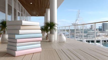 Brightly colored books rest on a windowsill, overlooking a vibrant spring garden and balcony in soft focus, inviting a moment of reading