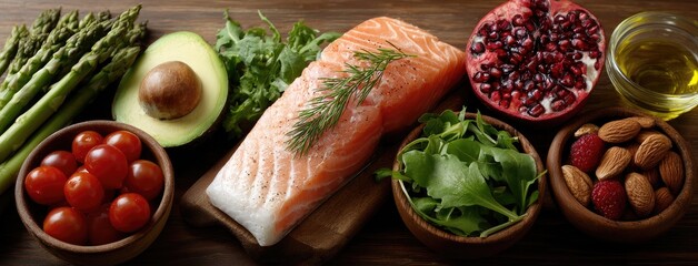A variety of high-fiber foods with salmon, avocados, and vibrant vegetables beautifully presented in wooden bowls for healthy eating