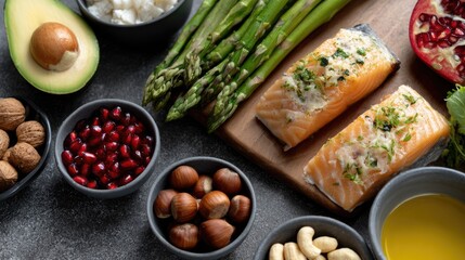 A variety of high-fiber foods with salmon, avocados, and vibrant vegetables beautifully presented in wooden bowls for healthy eating