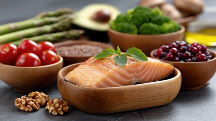A variety of high-fiber foods with salmon, avocados, and vibrant vegetables beautifully presented in wooden bowls for healthy eating