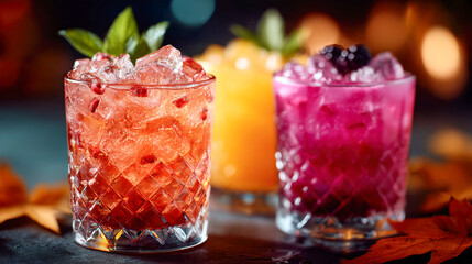 Three colorful cocktails with ice, fruit, and mint garnishes served in clear glasses with autumn decor