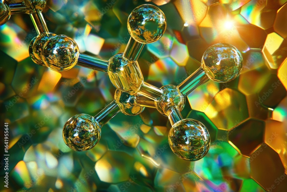 Aufkleber a 3d rendering of a molecule with atoms connected by bonds, set against a vibrant hexagonal backgrou