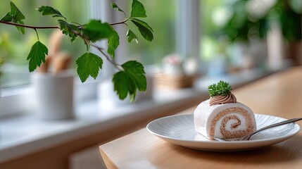 A close-up view of a homemade Swiss roll cake with chocolate cream, highlighted by soft lighting and a warm, inviting texture