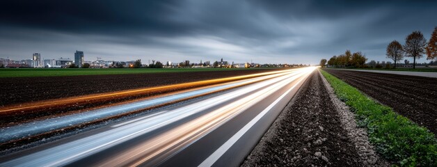 Wheels of a tractor glide through dark soil, leaving bright trails of light as the sun sets, showcasing the beauty of farmland